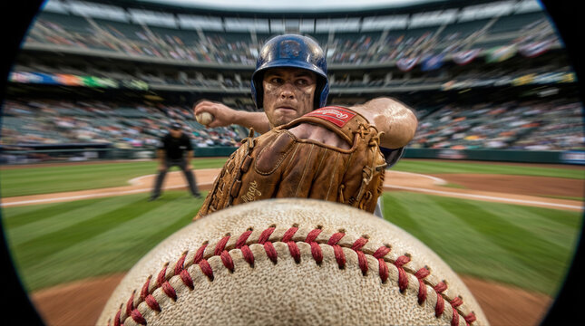 Close up of a pitcher ready to throw a baseball on a lively field with enthusiastic fans cheering in the background