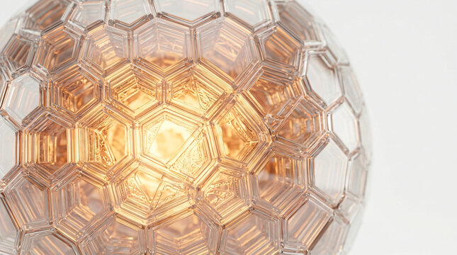 abstract hexagonal glass sphere background | golden light glowing through glass honeycomb pattern | futuristic 3d geometric structure macro photography | clear architectural sphere with interior light