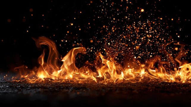 Vibrant orange flames and glowing sparks dancing over dark textured surface creating a fiery and dynamic atmosphere against black background