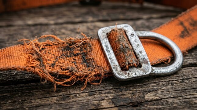 Worn orange safety harness straps with metal buckles resting on a wooden surface.