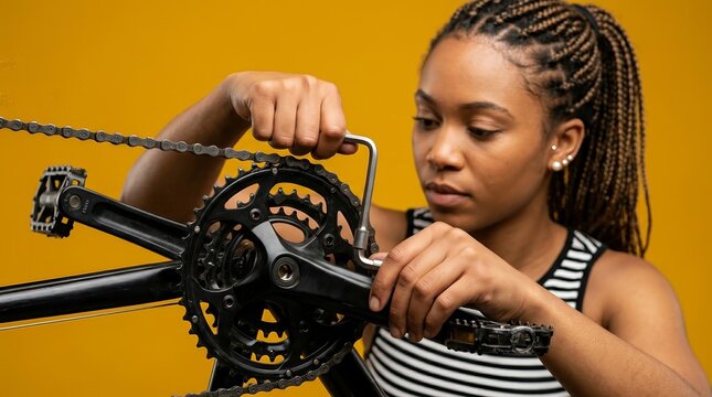 BIPOC employee performing maintenance on a spin bike wheel using a hex socket wrench and screwdriver.
