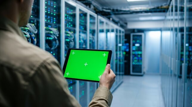 A data center technician uses a green screen tablet to inspect hardware and maintain system stability.