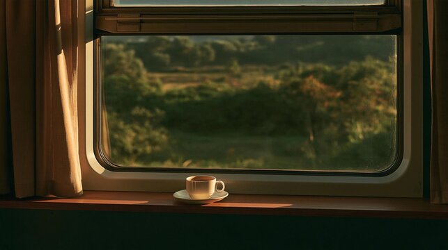 Window with a view of a green landscape outside. the window is open and the view is of a field with trees and bushes. the sky is blue and the sun is shining through the window, creating a warm glow.