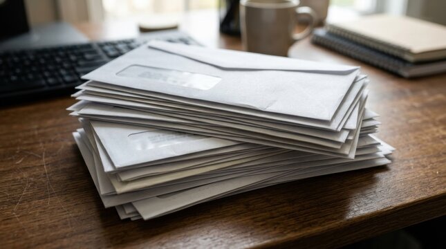 Stack of unpaid bills on a wooden desk with office supplies  