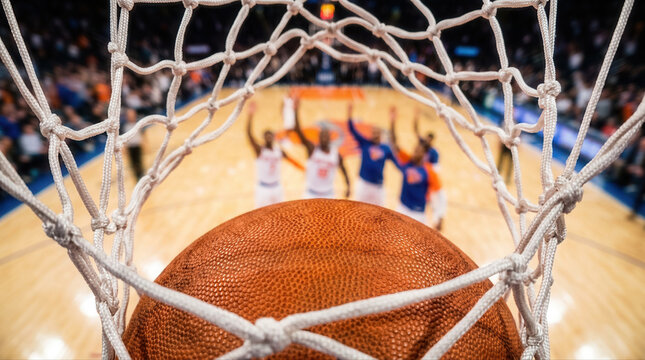 A basketball soaring through the hoop with dynamic players competing in the background