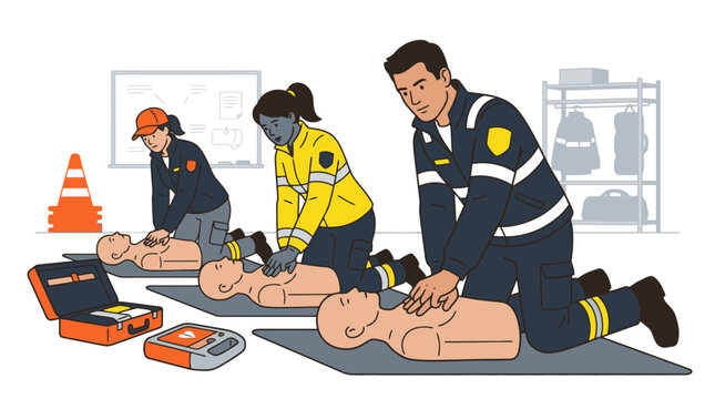 Paramedics and first responders practicing CPR resuscitation training on mannequins. EPS Editable