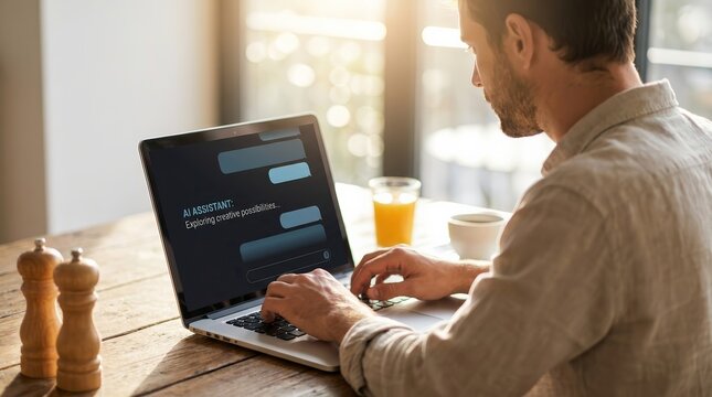 Man using an AI-powered chatbot on a laptop for everyday life productivity.