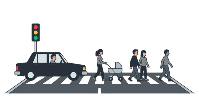 Pedestrians crossing road safely at zebra crosswalk with car stopped at red traffic light vector illustration. EPS Editable