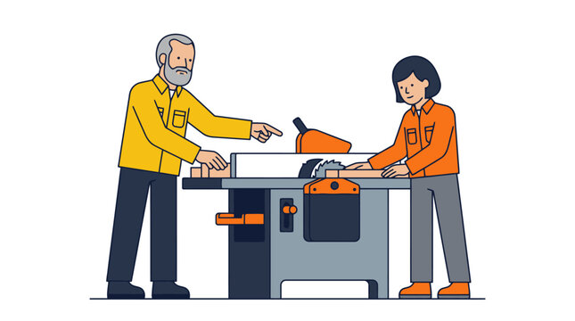 Senior male carpenter mentoring young woman using table saw machine in woodworking workshop vector illustration. EPS Editable