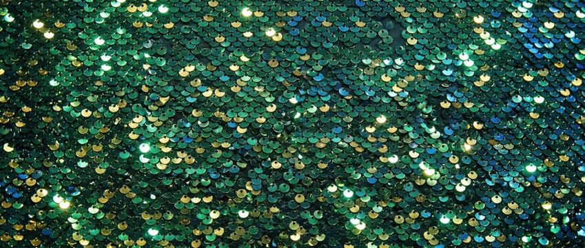 Close-up of shimmering green and gold sequins on fabric, creating a dense, reflective, and textured surface pattern with varying light highlights and shadows