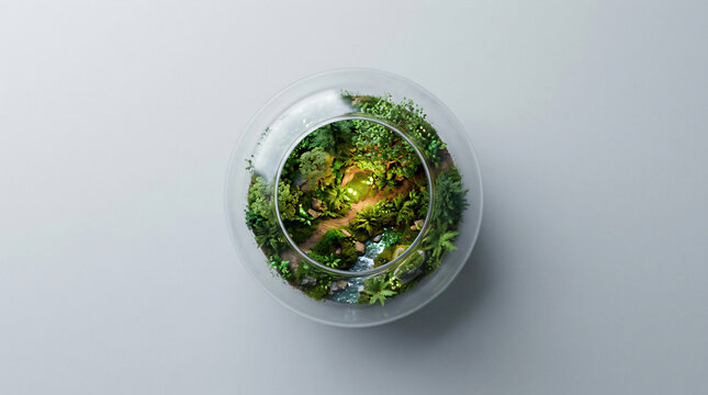 miniature forest ecosystem in a glass sphere | ecosystem terrarium top down view | self-contained garden world concept | sustainable environmental conservation symbol