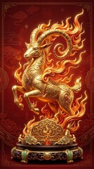 Fototapeta premium Vertical 3D illustration of a golden goat statue with flames on a red background. Chinese Lunar New Year zodiac animal sculpture