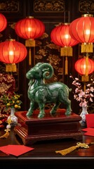 Fototapeta premium Green jade goat statue on a wooden stand with red envelopes and plum blossoms. Luxury traditional Chinese Lunar New Year background