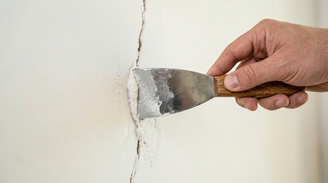 A person using a metal putty knife to repair a wall crack with spackling compound.