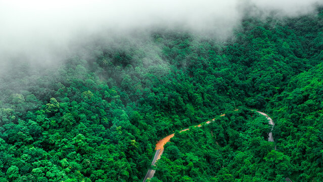 Aerial drone view of a winding mountain road partially blocked by a landslide after heavy rainfall. Dense tropical rainforest surrounds damaged infrastructure, illustrating natural disasters, climate
