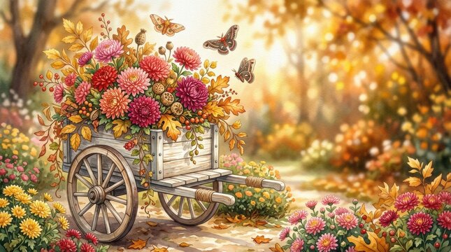 Wooden garden cart chrysanthemums oak leaves dried poppy pods berries, moths flying golden autumn path background warm sunset, crisp autumn air, soft rustling leaves. Cozy fall illustration theme