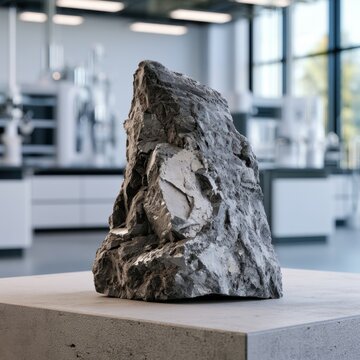 Metallic mineral rock sample with rough texture displayed on pedestal in modern bright laboratory setting with scientific equipment in background