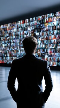 Businessperson analyzing a massive digital video wall filled with numerous diverse portraits representing virtual communication and global connectivity in a mod