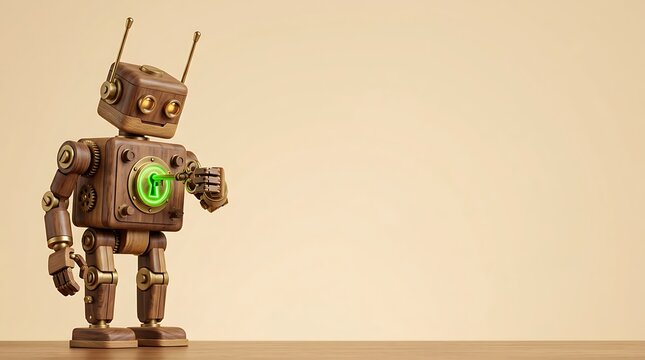 A cute vintage wooden robot inserting a key into its glowing green chest