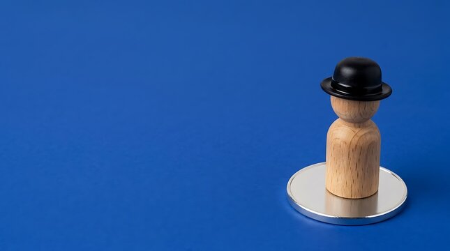 A wooden peg doll wearing a black bowler hat standing on a metal coin against a vibrant blue background