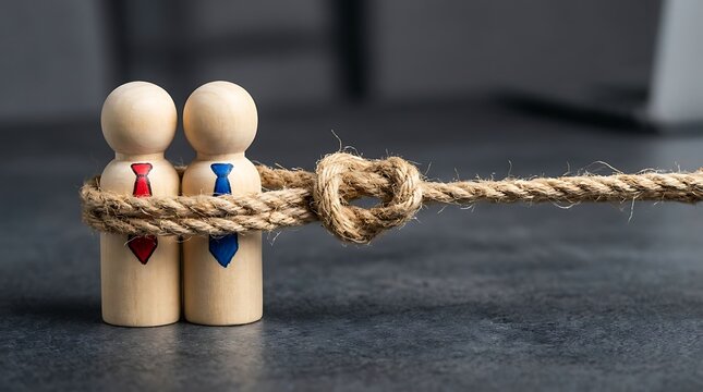Two wooden peg dolls tied together with a knotted rope symbolizing teamwork and partnership