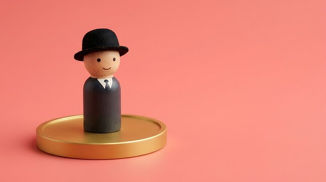 Wooden figurine wearing a black bowler hat and suit standing on a golden coin