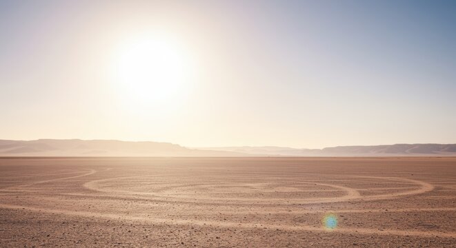 Sunlit desert with circular patterns in sand