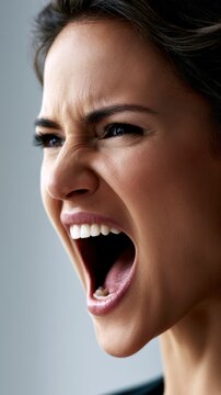 Emotional portrait of a young woman expressing intense anger and frustration with an open mouth and furrowed brows in a close-up profile shot