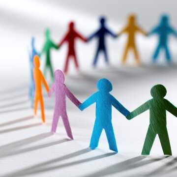 Diverse colorful paper cutout figures holding hands in a circle symbolizing unity connection and teamwork in a bright minimalist setting