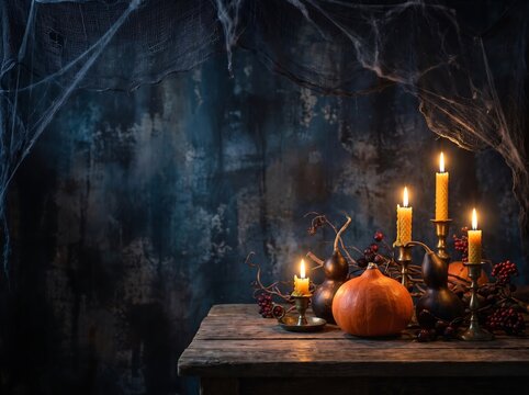 Spooky halloween still life with glowing candles and a pumpkin on a rustic wooden table in dark room