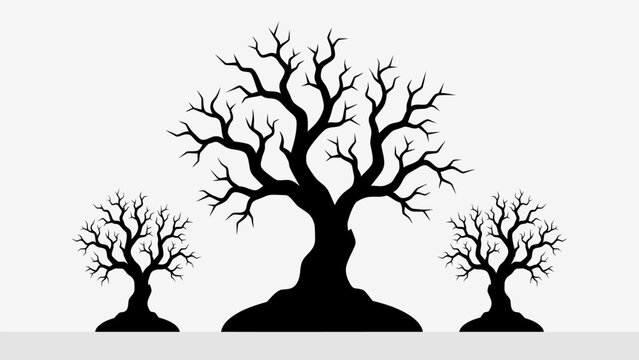 Trio of spooky black bare dead trees silhouettes. Excellent vector sticker design for haunted house landscapes, Halloween party backgrounds, scary posters, and sticker packs.