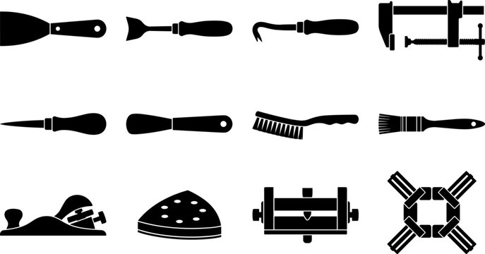 Wood Restoration and Picture Framing Craft Tools Vector Silhouette Icon Set