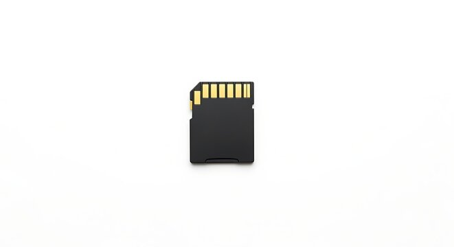 A single black sd memory card isolated on a clean plain white background surface view with pins rests centered