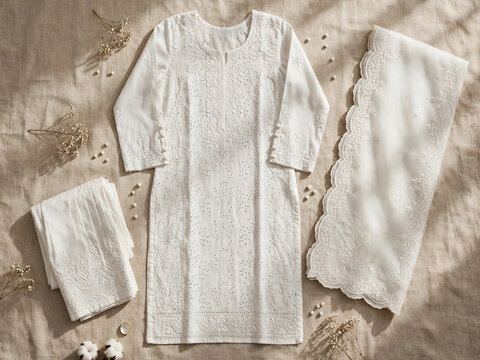 Elegant White Chikankari Salwar Kameez Three Piece Dress With Intricate Embroidery Flat Lay