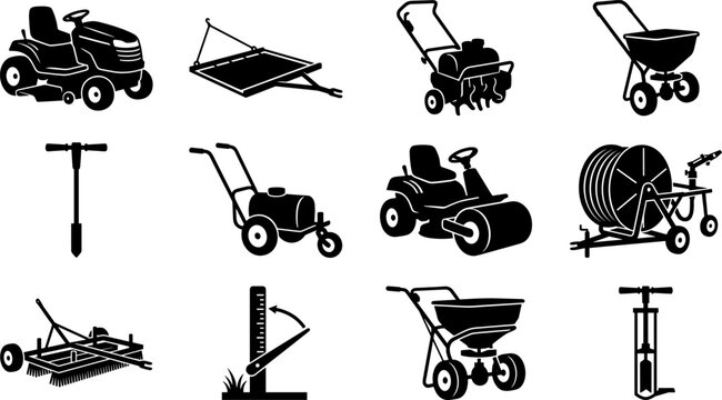 Lawn Care Machinery and Turf Maintenance Equipment Vector Icon Set
