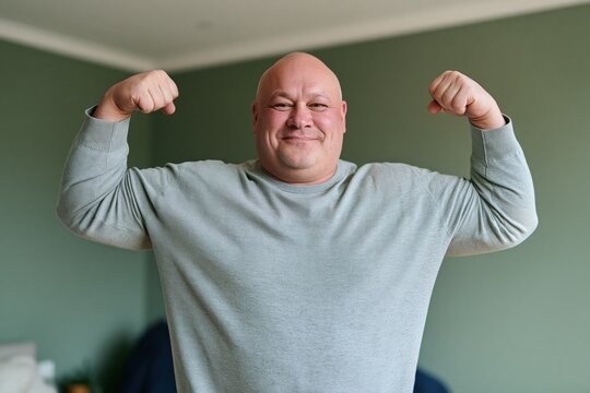 Smiling bald man flexing muscles indoors in casual sweatshirt for fitness banner and wellness campaign