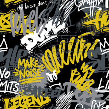 Abstract seamless chaotic pattern with graffiti words. Grey Grunge texture background. Fashion urban  style Wallpaper