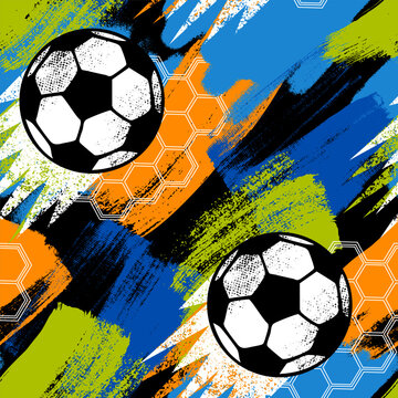 Abstract seamless pattern with football balls, urban elements, spots and sprays. Grunge sport background.  Wallpaper soccer for boys