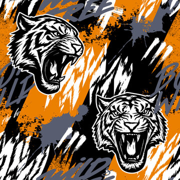 Seamless pattern with tiger and orange grunge elements. Bright Abstract print on black background for fabric, textile, wallpaper, apparel, t-shirt. Vector illustration