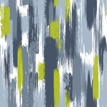 Abstract seamless print. Grunge texture background with stripes, spots in grey and green colors. Fashion urban style