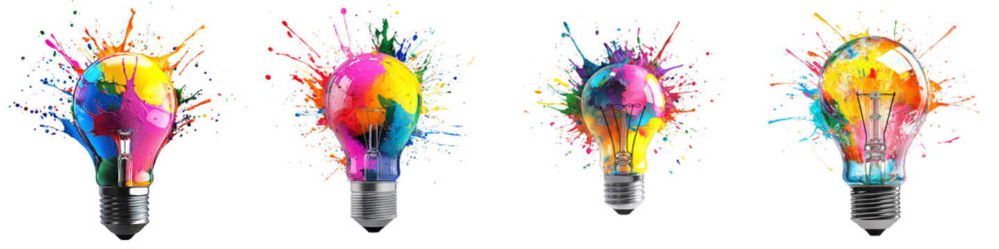 Vibrant Paint Splash Light Bulbs, Isolated on Transparent Background, Creative Idea Concepts, Splash, Lightbulb, Abstract, Paint, Colorful, Idea, Brightness, Energy, Creativity, Design, Artistic, Spla