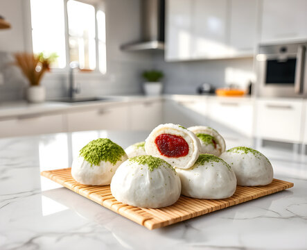 Mochis japonais garnis de fraise fraiche presentes sur une planche en bois dans une cuisine moderne et lumineuse, ambiance conviviale et raffinee pour une pause gourmande sucree
