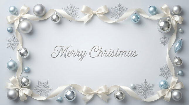 Silver Christmas greetings card featuring elegant cursive text surrounded by silver baubles silk ribbons and snowflakes on soft grey background.