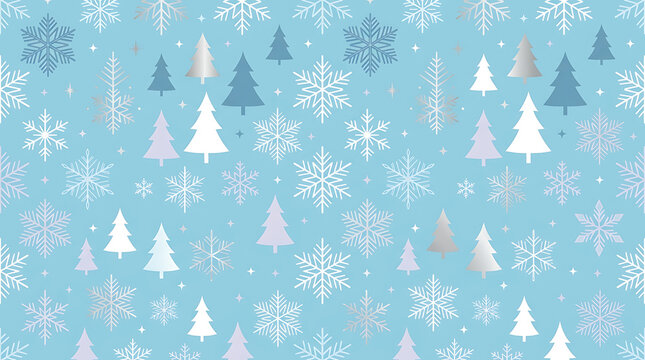 Winter snowflake pattern featuring light blue backdrop with silver tree silhouettes for festive holiday cards and decorative wrapping paper design projects.