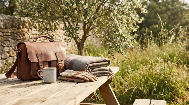 Leather satchel and coffee cup on wooden table in sunny garden for Father's Day concept