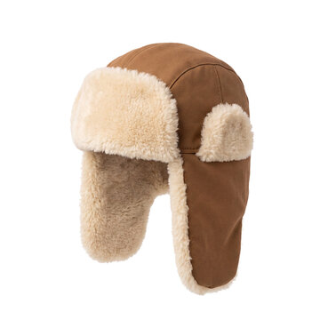 Brown shearling trapper hat isolated PNG cutout