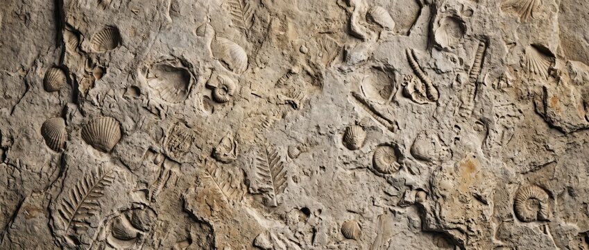 Close-up view of a beige sedimentary rock slab featuring embedded prehistoric fossils, including various seashells, bivalves, and delicate fern leaf imprints in a rough, textured stone surface