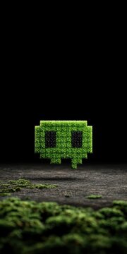 Green pixelated alien monster made of moss floating over dark forest ground