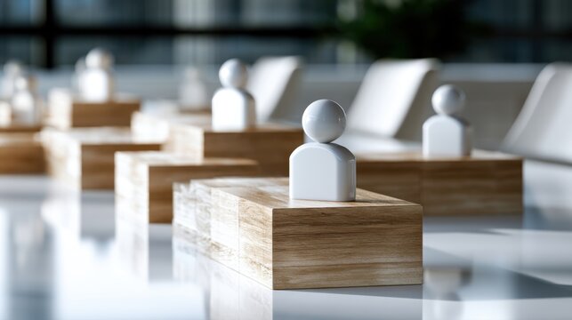 Abstract concept of individuality and teamwork with white human figures on wooden blocks arranged in a modern reflective environment representing leadership and
