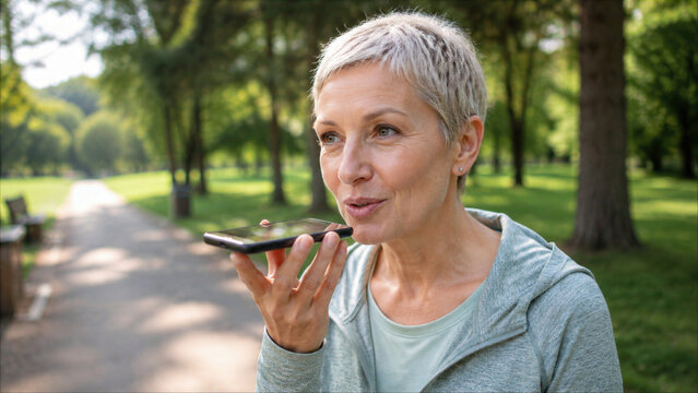 Senior woman recording a voice message in a park